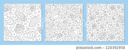 Seamless underwater seashell pattern set with outline style. Marine shell and aquatic doodle design create ocean backgrounds. Perfect for sea decorative concepts. 128392938