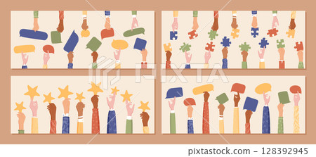 Flat cartoon set of diverse hands holding colorful jigsaw pieces, cloud chat shapes, and stars. Symbol of teamwork, people, and community. Creative banner concept for together group projects. 128392945