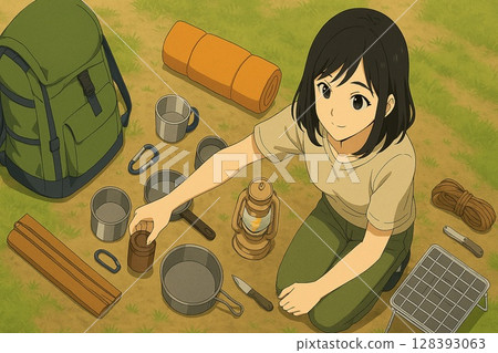 A woman preparing camping equipment (anime style, overhead view) A woman preparing camping equipment (anime style, overhead view) 128393063