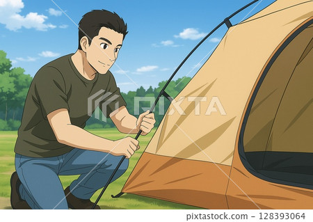 Anime-style illustration of a man setting up a tent at a camp 128393064