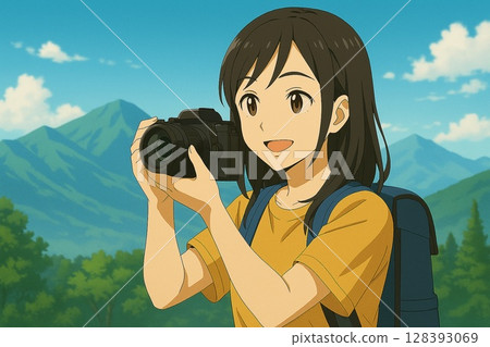 女人在戶外拍攝美麗的山景(動漫風格) 女人在戶外拍攝美麗的山景(動漫風格) 128393069