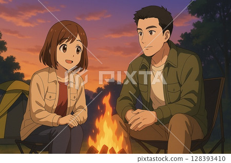 黃昏露營時，一對夫婦圍著營火聊天（動畫風格） 128393410