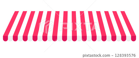 Shop awning. Striped marketplace canopy. Grocery booth marquee design. Market tent with red and white stripes isolated on white background. Cafe sunshade mockup. Kiosk umbrella. Vector illustration 128393576