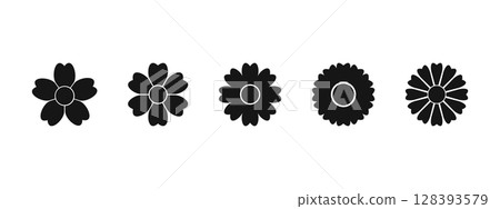 Set of flower shapes. Daisy, chrysanthemum or gerbera silhouettes isolated on white background. Collection of design elements in floral theme. Vector graphic illustration Set of flower shapes. Daisy, chrysanthemum or gerbera silhouettes isolated on white background. Collection of design elements in floral theme. Vector graphic illustration 128393579