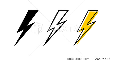Set of thunderbolt icons. Lightning signs isolated on white background. Flash light, energy or battery charge symbols. Shock, danger or angry cartoon pictograms. Vector graphic illustration 128393582