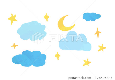 Watercolor style moon, clouds and stars illustration set (night sky) Watercolor style moon, clouds and stars illustration set (night sky) 128393887