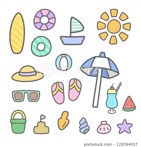 Cute beach illustration set Cute beach illustration set 128394037
