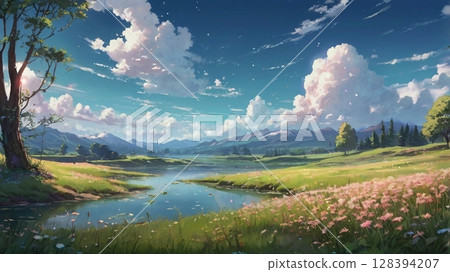 A fantasy and healing digital landscape poem woven by clear skies and winds 128394207