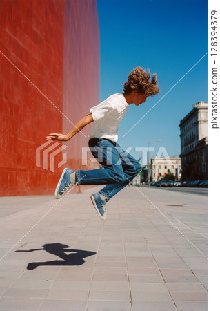 A man in a white shirt and blue jeans is jumping in the air 128394379