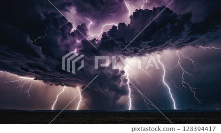 A fantastic digital artwork of lightning striking the mystical night sky 128394417