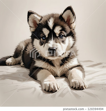 Relaxed Alaskan Malamute (Mal) puppy lying down 128394494