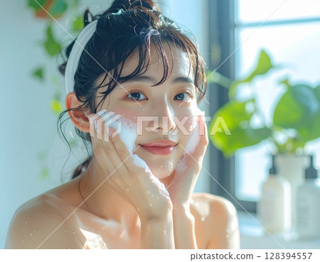 Japanese woman washing her face with creamy foam 5 AI-generated image Japanese woman washing her face with creamy foam 5 AI-generated image 128394557