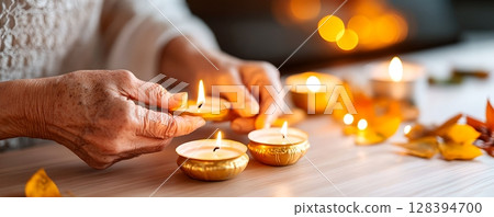 The warm weathered hands of an elderly person carefully lighting a row of candles symbolizing a cherished cultural tradition or spiritual practice 128394700