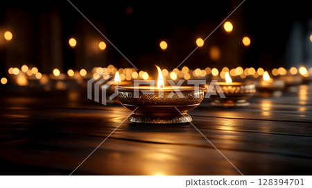 A decorative brass diya stand holding several oil lamps illuminating the peaceful atmosphere with a warm cozy glow in the dark setting 128394701