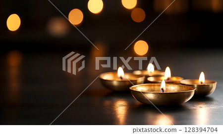A traditional brass diya stand holding multiple glowing oil lamps creating a warm and inviting atmosphere 128394704