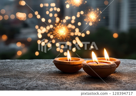 Festive Diwali celeb n with traditional clay lamps diyas glowing on a terrace set against a backdrop of a twinkling city skyline at night 128394717