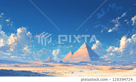 吉薩金字塔：廣闊的藍天和令人驚嘆的沙漠景觀 128394724