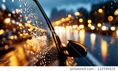 Car driving through a rainy urban environment at night with the windshield wipers in motion and the city lights reflected on the wet glass 128394828