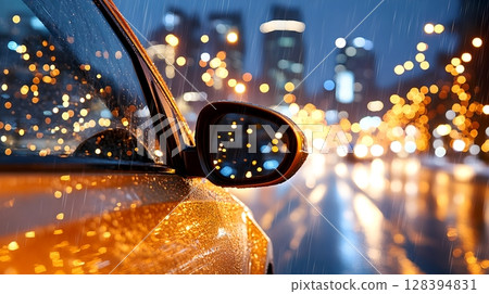 A car is driving through a busy urban cityscape at night with the windshield wipers in motion as rain falls creating a blurred glowing effect from the reflected city lights 128394831