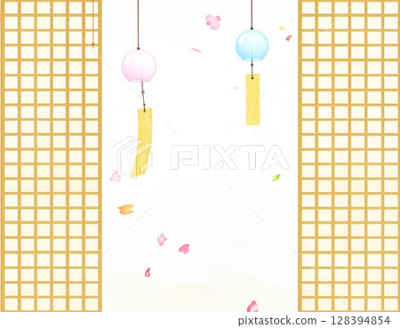 Wind chimes and bamboo blinds frame 128394854