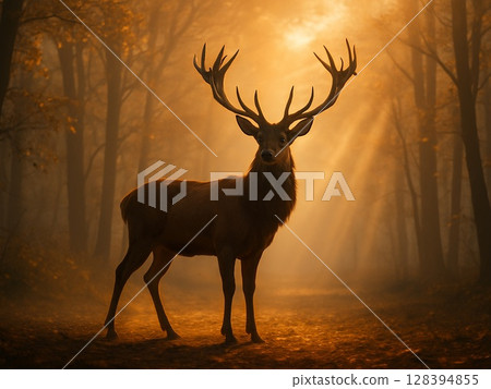 A male Hokkaido deer walking through the mist 128394855