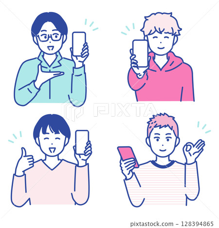 Illustration material of a young man and a smartphone Illustration material of a young man and a smartphone 128394865