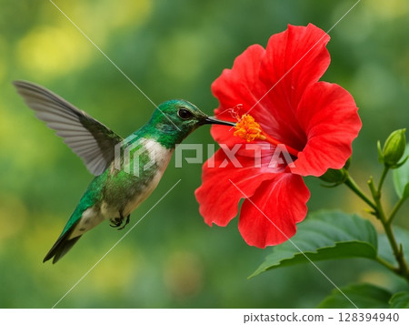 一隻蜂鳥在紅色芙蓉花周圍飛翔 一隻蜂鳥在紅色芙蓉花周圍飛翔 128394940