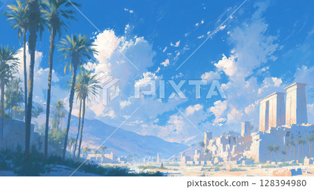 Ancient Egyptian Oasis: Ruins Amid Blue Skies and Palm Trees 128394980