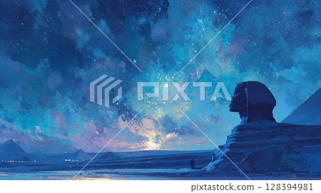 獅身人面像仰望天空：星空下的黎明閃耀 128394981