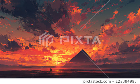 古代之謎：日落時分的金字塔輪廓 128394983