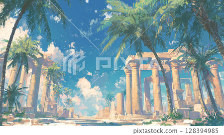 古埃及的宏偉柱子和棕櫚樹:藍天下的廢墟 古埃及的宏偉柱子和棕櫚樹:藍天下的廢墟 128394985