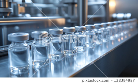 vial of liquid medicine on production conveyor belt in  sterile pharmaceutical factory 128394987
