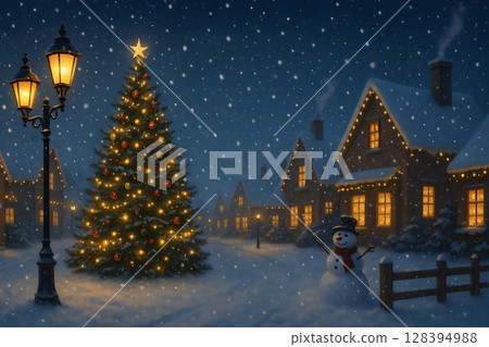 閃閃發光的聖誕樹的冬季城市景觀 128394988