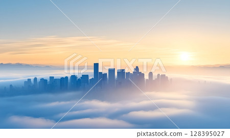 A dramatic minimalist cityscape with skyscrapers emerging from the hazy atmospheric mist at the start of a new day A dramatic minimalist cityscape with skyscrapers emerging from the hazy atmospheric mist at the start of a new day 128395027