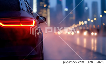 A foggy rain drenched city street at night with the headlights and taillights of cars barely visible through the hazy atmosphere 128395028