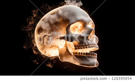 A haunting conceptual image depicting a skull like shape formed by smoke and flames against a dark ominous background symbolizing the environmental impact of pollution and the dangers of poor air A haunting conceptual image depicting a skull like shape formed by smoke and flames against a dark ominous background symbolizing the environmental impact of pollution and the dangers of poor air 128395054