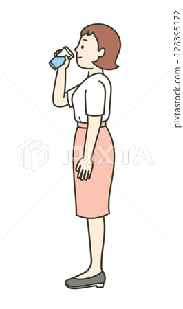 年輕女子喝水的全身插圖 年輕女子喝水的全身插圖 128395172