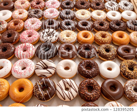 Lots of colorful donuts 128395205