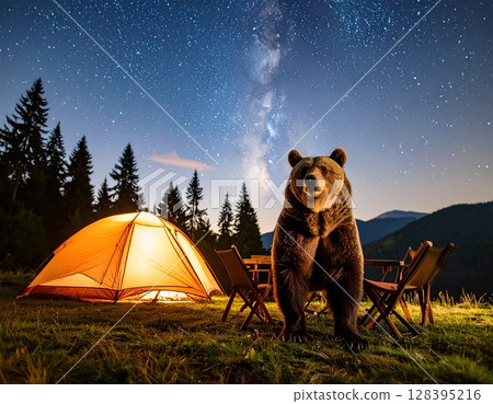 A bear appears at the campsite A bear appears at the campsite 128395216