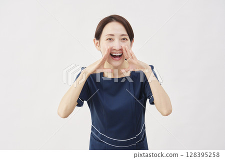 Female beauty nurse talking white background Female beauty nurse talking white background 128395258