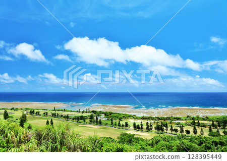 Okinawa Miyakojima Golf course with a view of the blue summer sky and ocean 128395449