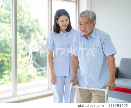 Japanese female caregiver and smiling elderly man 2 AI-generated image 128395495