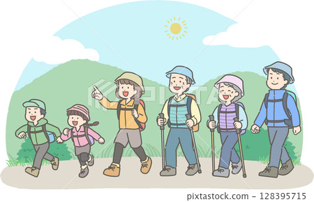 Illustration of a three-generation family hiking and mountain climbing Illustration of a three-generation family hiking and mountain climbing 128395715