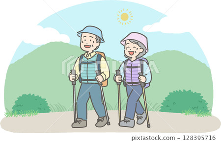 Illustration of senior men and women hiking and mountain climbing Illustration of senior men and women hiking and mountain climbing 128395716