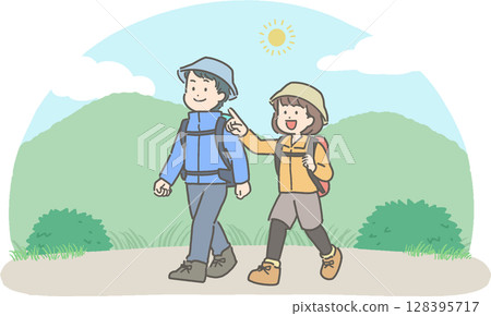 年輕男女健行和登山的插圖 年輕男女健行和登山的插圖 128395717