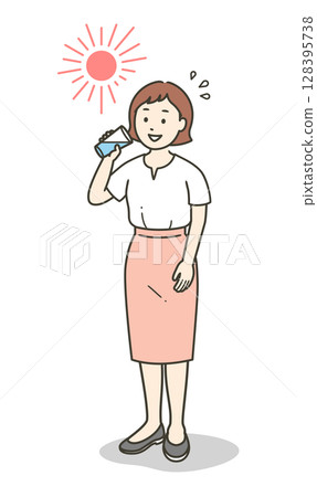 年輕女子在酷暑中補水的全身插圖 年輕女子在酷暑中補水的全身插圖 128395738