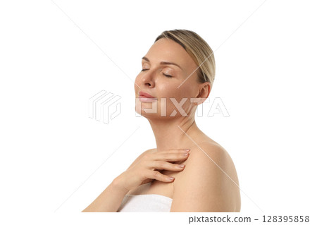 Serene woman cherishing a peaceful moment, isolated on white, PNG Serene woman cherishing a peaceful moment, isolated on white, PNG 128395858