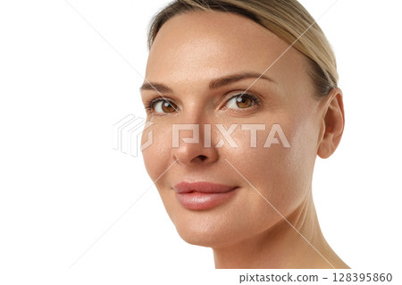 Woman shows healthy skin and calm look, isolated on white, PNG 128395860
