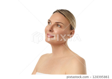 Woman gazes serenely in bright light, isolated on white, PNG 128395861