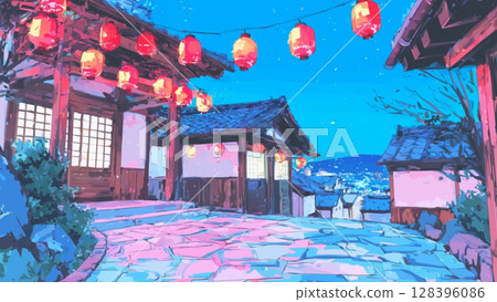 Japanese style countryside background illustration, thumbnail, Youtube, blog, material, uninhabited 128396086